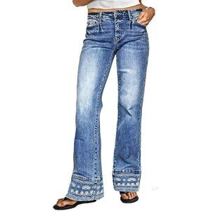 Women’s Mid Rise Bootcut Jeans Embroidery Hem Stretchy Wash Casual